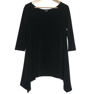 Clara Sun Woo Tunic Top V Neck 3/4 Sleeve Solid Black Blouse Handkerchief Hem XS